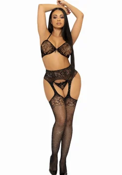 BH-top, string en kousen - Zwart