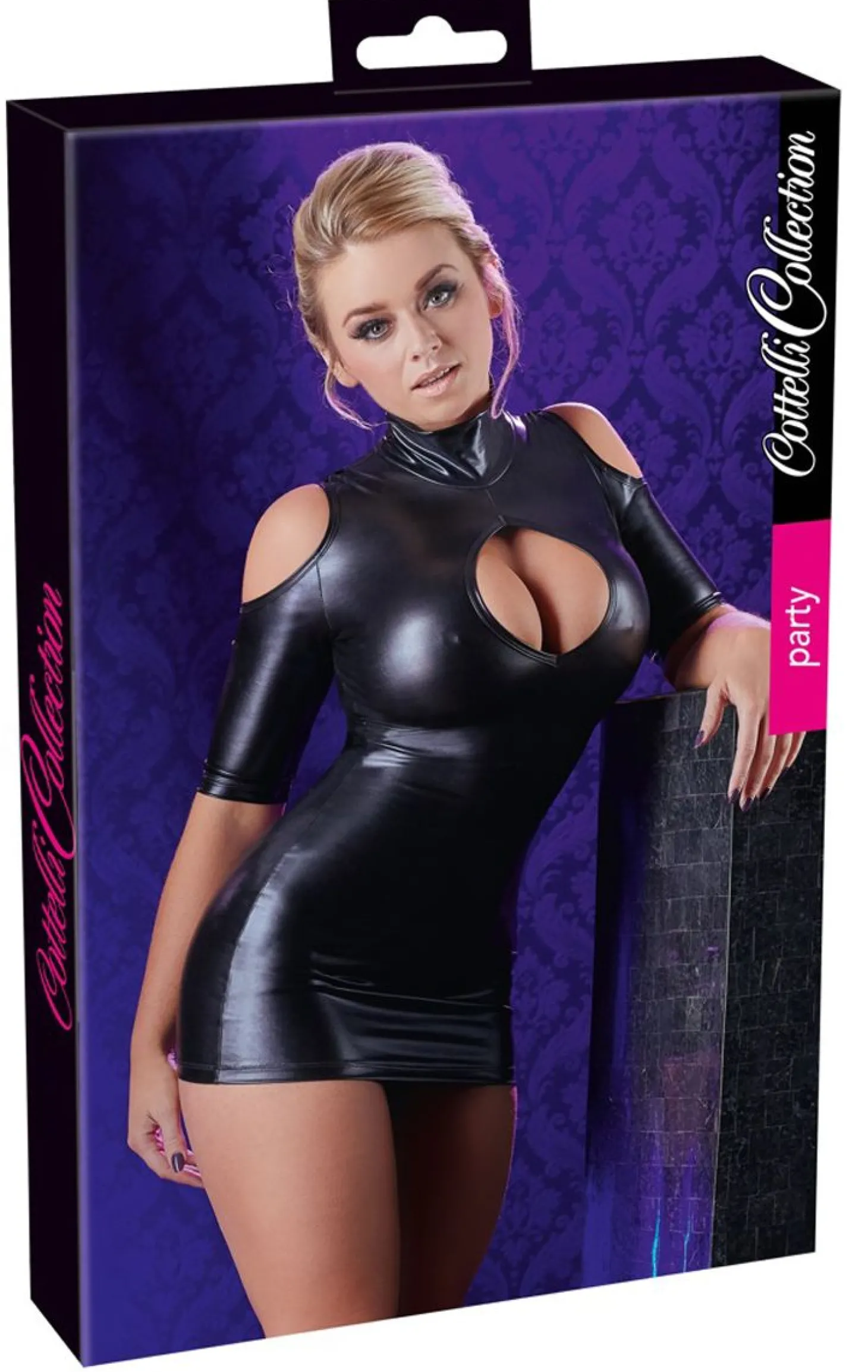 Cold Shoulder Wetlook Mini Jurkje - Zwart