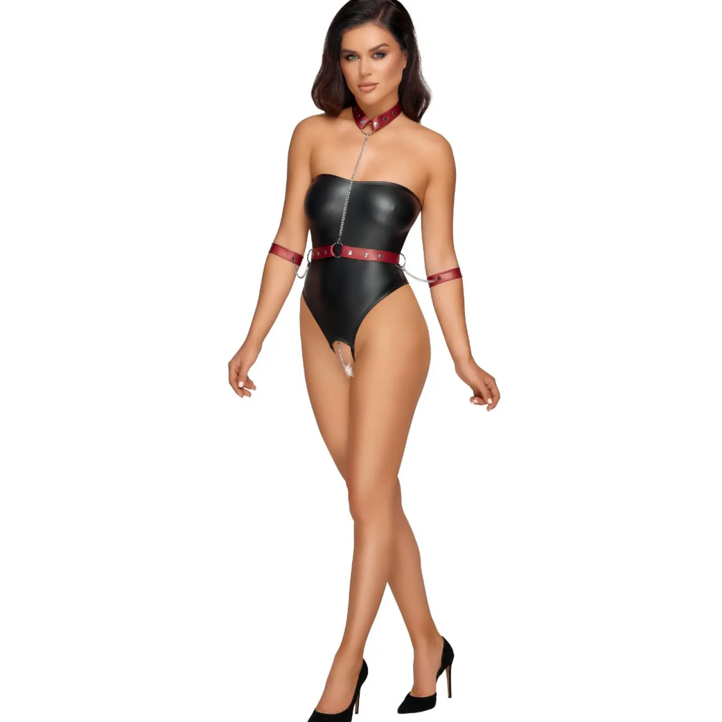 Cottelli Bondage - Stringbody met Bondage Details - Zwart/Rood