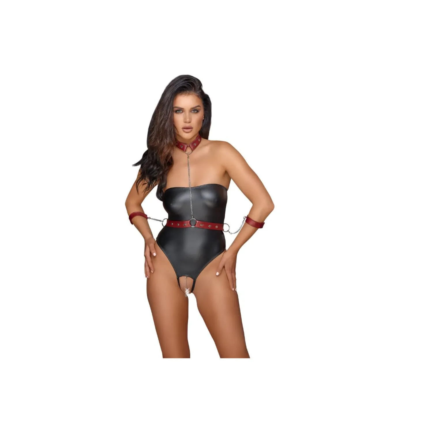 Cottelli Bondage - Stringbody met Bondage Details - Zwart/Rood