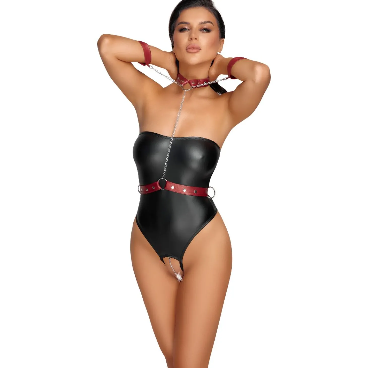 Cottelli Bondage - Stringbody met Bondage Details - Zwart/Rood