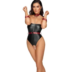 Cottelli Bondage - Stringbody met Bondage Details - Zwart/Rood