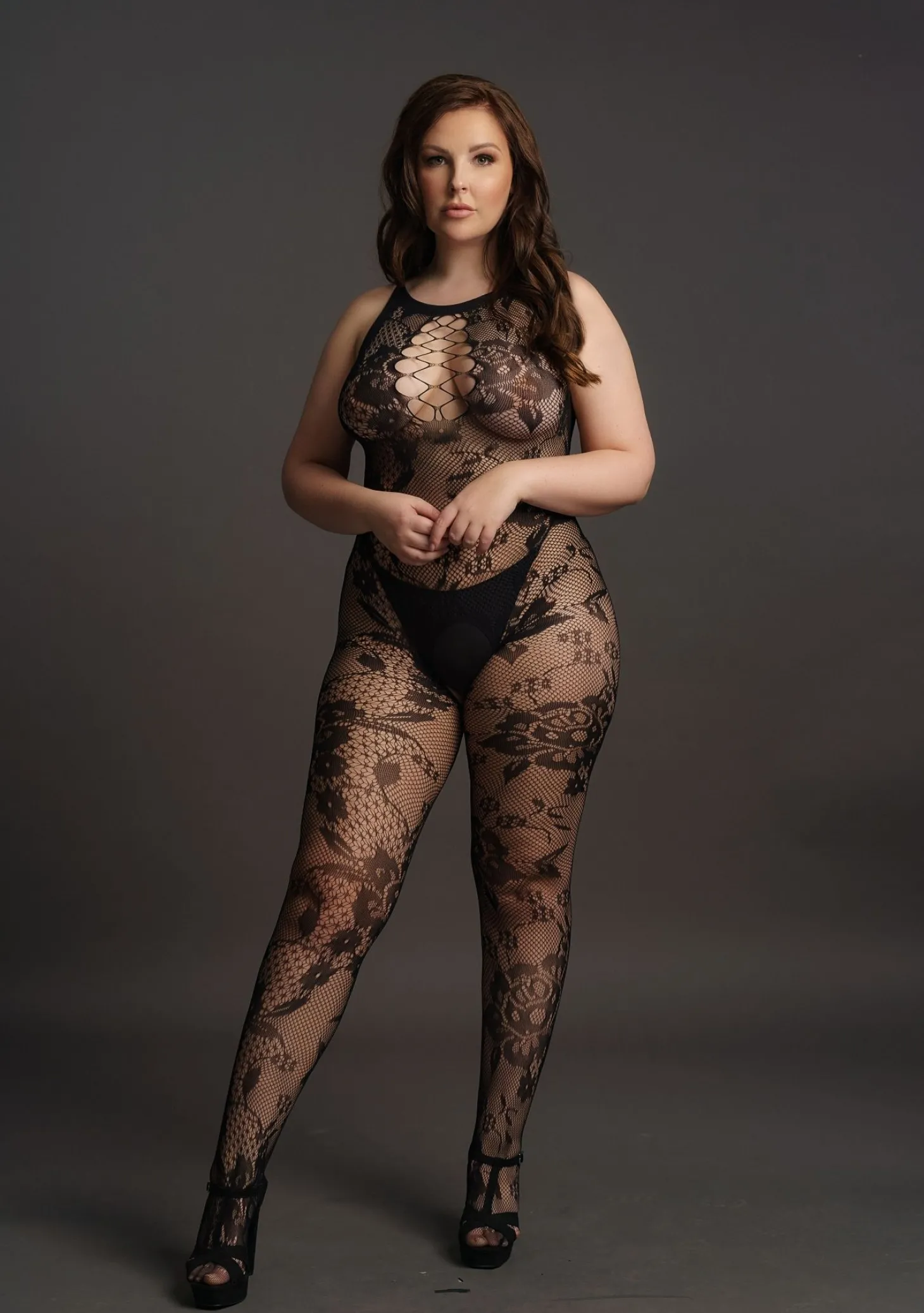 Curvy Catsuit in kant optiek zwart