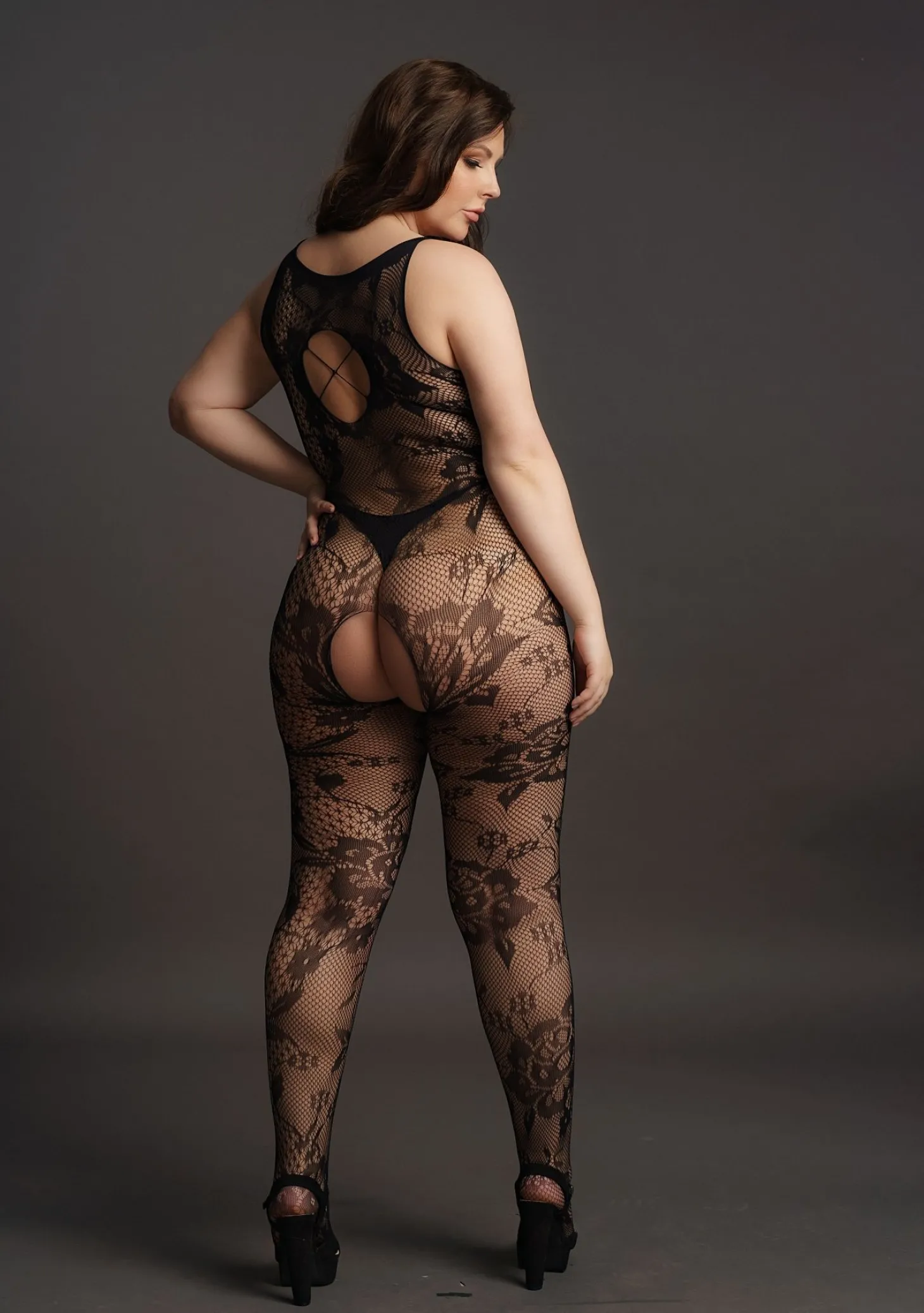 Curvy Catsuit in kant optiek zwart