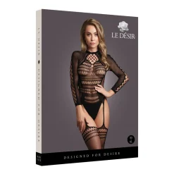 Le Désir - Bodystocking met Lange Mouwen en Korte Col - Zwart