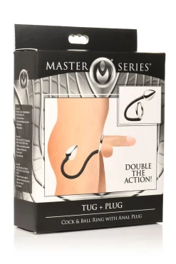 Master Series - Tug + Plug Cock & Ball Ring met Anaalplug - Zwart&Zilver