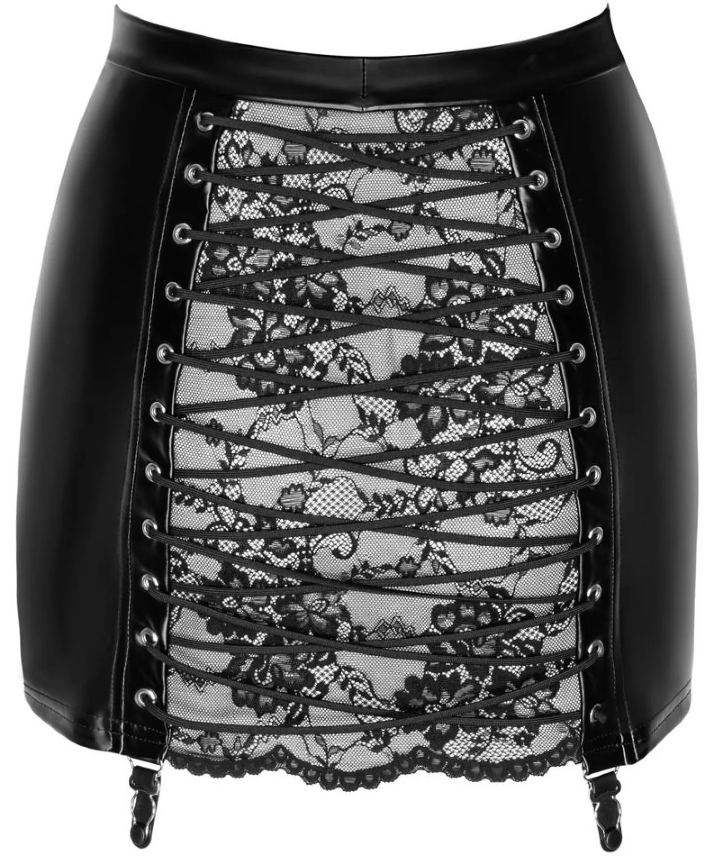Noir Handmade – Corset Powerwetlook & Kant Minirok – Zwart
