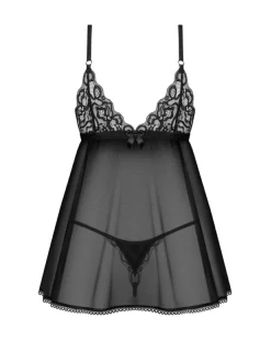 Obsessive - Blomentis Babydoll en String - Zwart